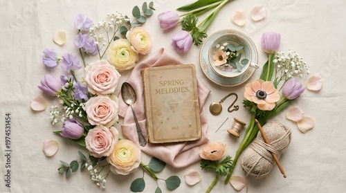 Hello Spring Floral Flat Lay with Vintage Books and Pastel Flowers