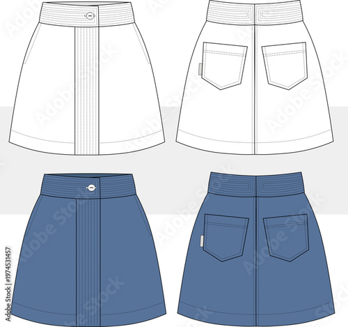 High waist denim mini skirt fashion technical drawing, illustration. Belted detail jeans skirt vector. front and back view. Denim skirt cad, mockup set. 
