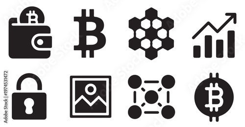Bitcoin wallet and blockchain technology growth chart, business security icons concept.