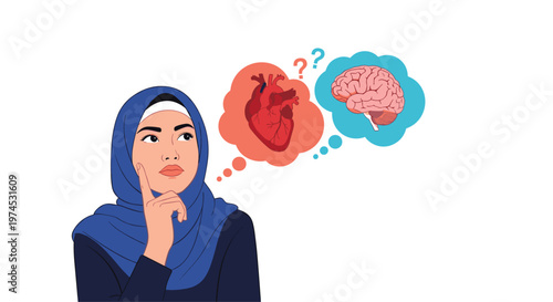 Thinking woman in a blue hijab reflecting on the choice between following her heart or her brain depicted in thought bubbles.