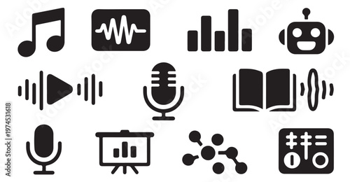 Set of music waveform bar chart robot play button microphone book and presentation icons.
