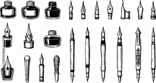 Vintage Ink Bottles and Nib Pens, Black and White Line Art Illustration