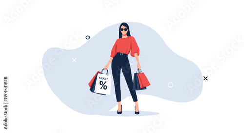 Fashionable woman wearing sunglasses and a red blouse carrying multiple shopping bags with a smart discount symbol.