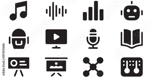 Set of music sound waves bar charts robots video player microphone book and presentation icons.