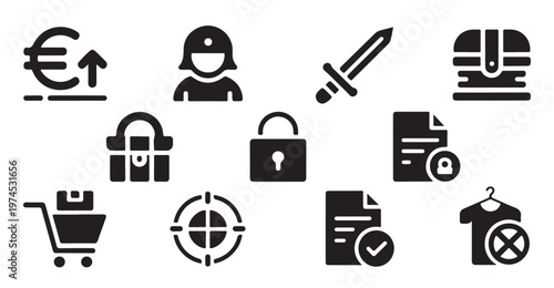 E commerce and shopping icons, security and payment symbols, fashion and gaming.