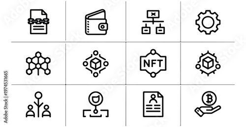 Blockchain technology and digital asset line icon set with nft wallet bitcoin and network.