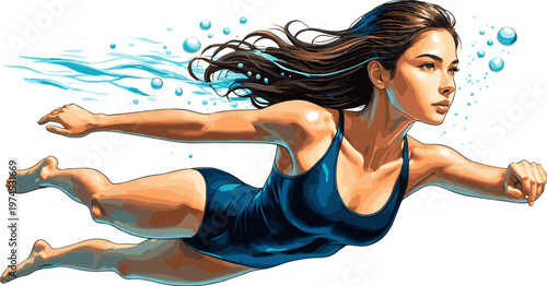 Generate a realistic Underwater view of a young beautiful woman swimming in the pool vector art with white background.