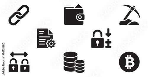 Cryptocurrency and blockchain icons, finance symbols and digital assets collection.