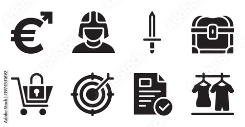 Medieval fantasy game icon set with euro currency knight sword chest target and shop icons.