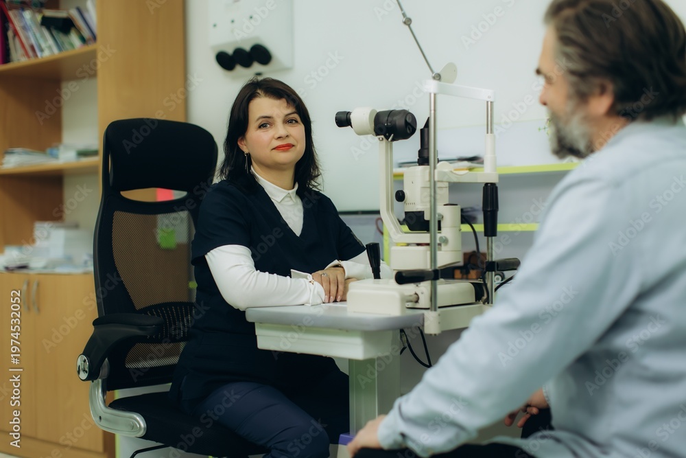 Naklejka premium Ophthalmologist consulting patient using a slit lamp in clinic