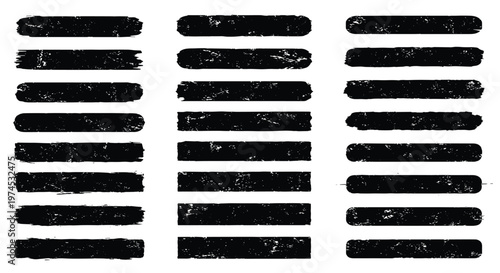 Set of twenty four black grunge textured brush stroke rectangular shapes isolated on a clean white background.