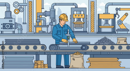 A worker in a factory operates machinery producing metal parts on a conveyor belt with industrial equipment around him.