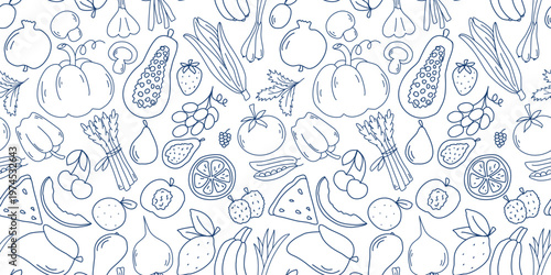 Seamless pattern with fruits, vegetables and berries in doodle style. Blue hand-drawn organic food on white background. Fruit print in Mediterranean style, vector graphics