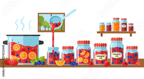 A person is preparing homemade jam in a kitchen with various jars and fruits.