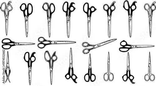 Black and White Line Art Sketch Set of Various Scissors and Shears  Hand-drawn Collection of Crafting, Tailoring, and Hairdressing Tools