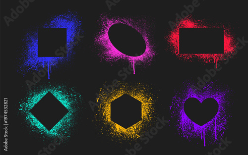 Graffiti spray text box set of vector illustrations isolated on black background. Neon color paint stencil frame with dripping texture and urban street art effect. Bold border design, splatter details