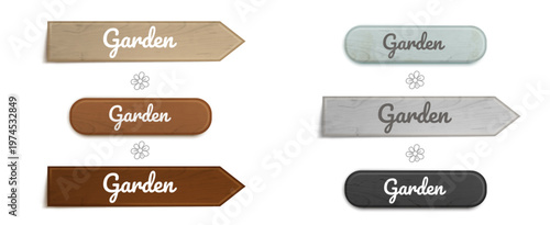 Set of wooden arrow signs for garden design isolated on white background. Vector realistic illustration of retro wood boards showing direction in park or forest, rustic game design elements pack