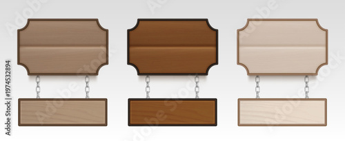 3d realistic wooden sign with chain and vintage texture, vector set isolated on background. Rustic wood plank board for farm, saloon, or restaurant menu design. Blank timber frame