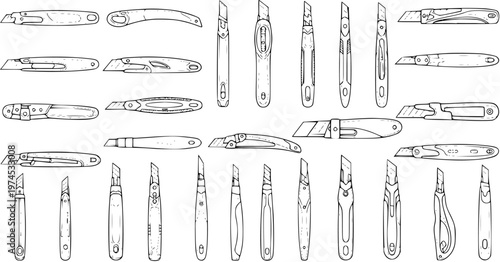 Black and White Line Art Set: Hand-Drawn Collection of Utility Knives, Craft Cutters, and Precision Blades for DIY, Tools, and Office Use