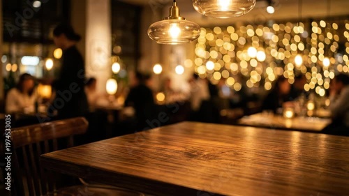 Handsome walnut-grain café table bathed in warm bokeh from pendant lights above a cozy restaurant interior, the surface empty and perfectly clean, richly textured wood grain catching the directional