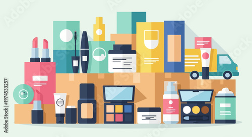 A colorful illustration of various cosmetic products being delivered in a truck