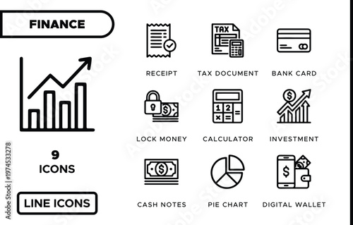 Finance line icons, a collection of 9 essential financial symbols. Business and investment vector graphics for digital wallets, banking, and tax documents.