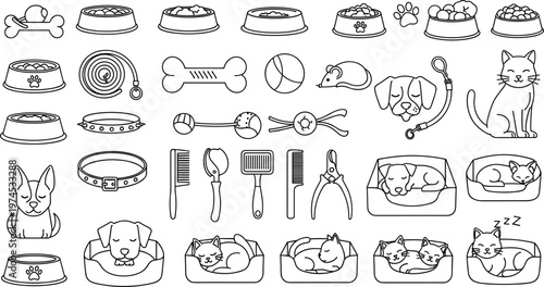 Pet supplies vector set with food bowls, toys, collars, grooming tools and beds, detailed outline illustration collection