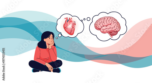 Woman sitting on ground and thinking with heart and brain icons in thought bubbles against a wavy blue and pink background.