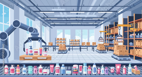 A robotic arm assembles products on a production line in a warehouse with shelves and various bottles.