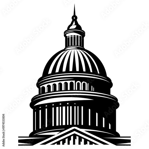 U.S. Capitol Building dome black and white illustration icon for government and political designs.