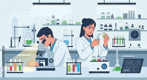 Scientists in a laboratory setting examining samples with a microscope and test tubes.