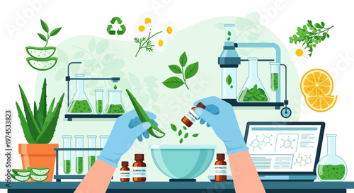 Scientist holds plant sample and test tube in laboratory setting with various equipment and green plants around.