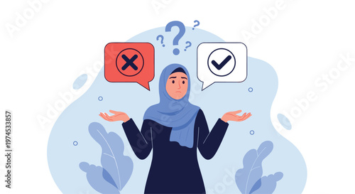 Confused woman wearing a blue hijab shrugging her shoulders between red X and white checkmark speech bubbles in a park setting.