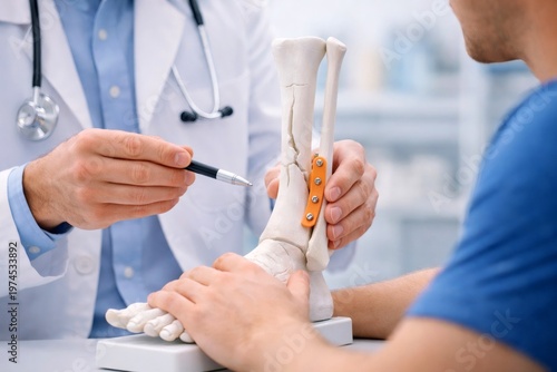 Doctor showing bone fracture model with fixation plate to patient during orthopedic consultation.