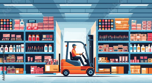 Man operating forklift among shelves stacked with various products in warehouse