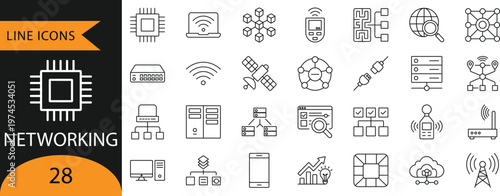 Networking and IT Infrastructure Line Icons Set Featuring Server, Router, Cloud Computing, and Network Topology

