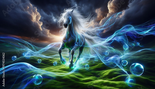 Majestic white horse galloping through a surreal mystical landscape