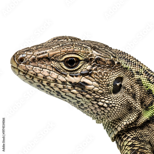Close-up of a Lizards Head with Detailed Scales and Green Markings