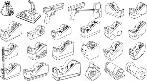 Collection of Black and White Line Art Tape Dispensers, Featuring Classic, Unique, and Novelty Designs for Office and Stationery Supplies Illustration