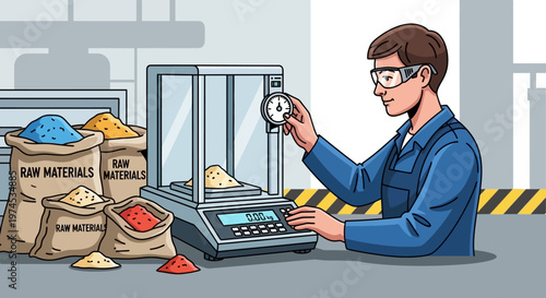 A worker measures raw materials on a scale in an industrial setting.