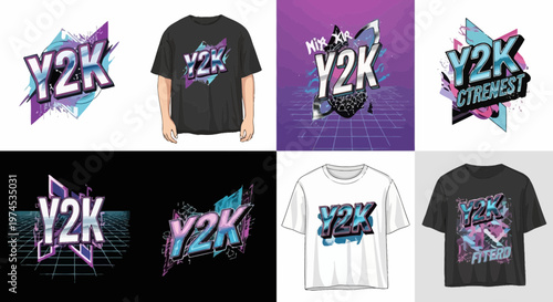 Y2K Retro Graphic T-shirt Designs with Glitch and Vaporwave Aesthetics