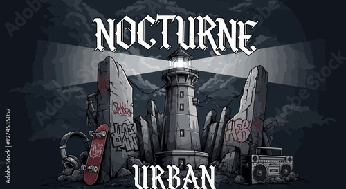 Nocturne Urban Lighthouse Scene with Skateboard, Headphones, and Boombox