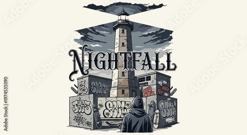 Graffiti artist paints lighthouse at nightfall, urban art, urban decay, creative expression
