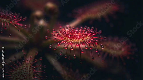 Closeup of red sundew plant with dew droplets on dark background  