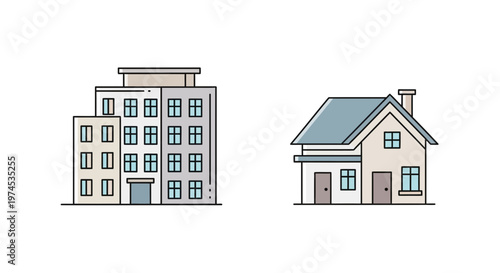 Modern Apartment Building and Cozy House illustration, Real Estate Concept