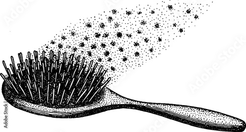 Hair brush with flying lint particles on white background
