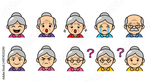 Elderly People Expressing Various Emotions: Joy, Sadness, Anger, Confusion, Thoughtfulness