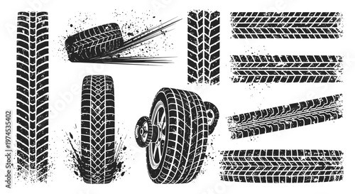 Tire Tracks and Tread Patterns: Grunge Vector Collection