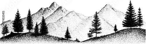 Pine trees framing mountainous landscape with rolling hills