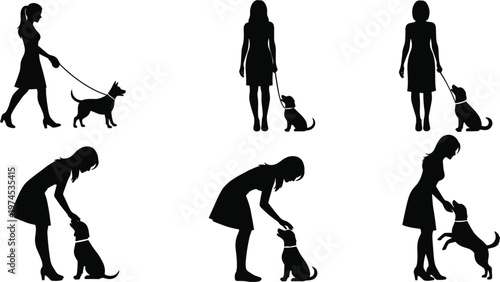 woman, dog, silhouette, pet, walking, training, sitting, interaction, black, white, illustration, isolated, people, lifestyle, obedience, leash, puppy, bonding, activity